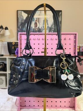 Black Patent Leather Shoulder Bag with Bow Accent